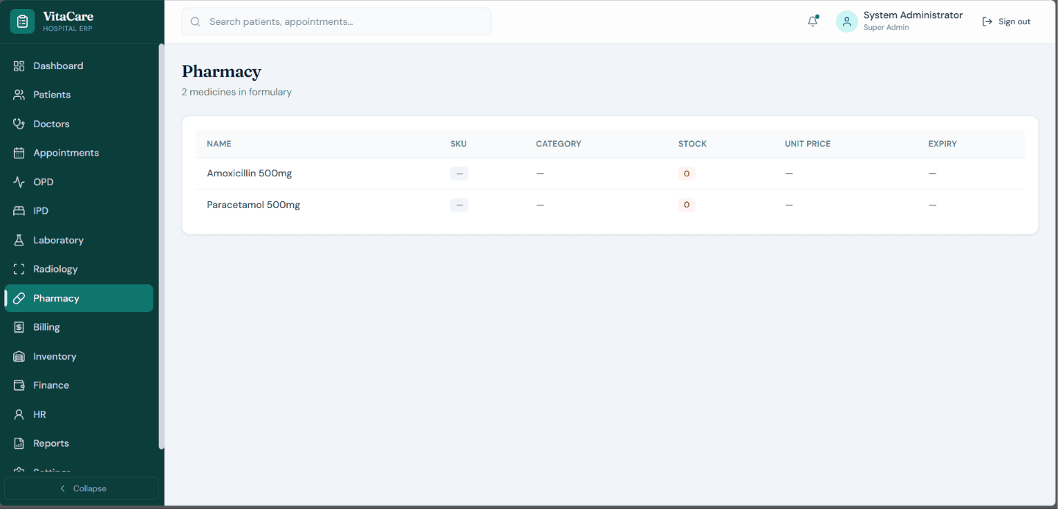 Hospital Management System secondary view